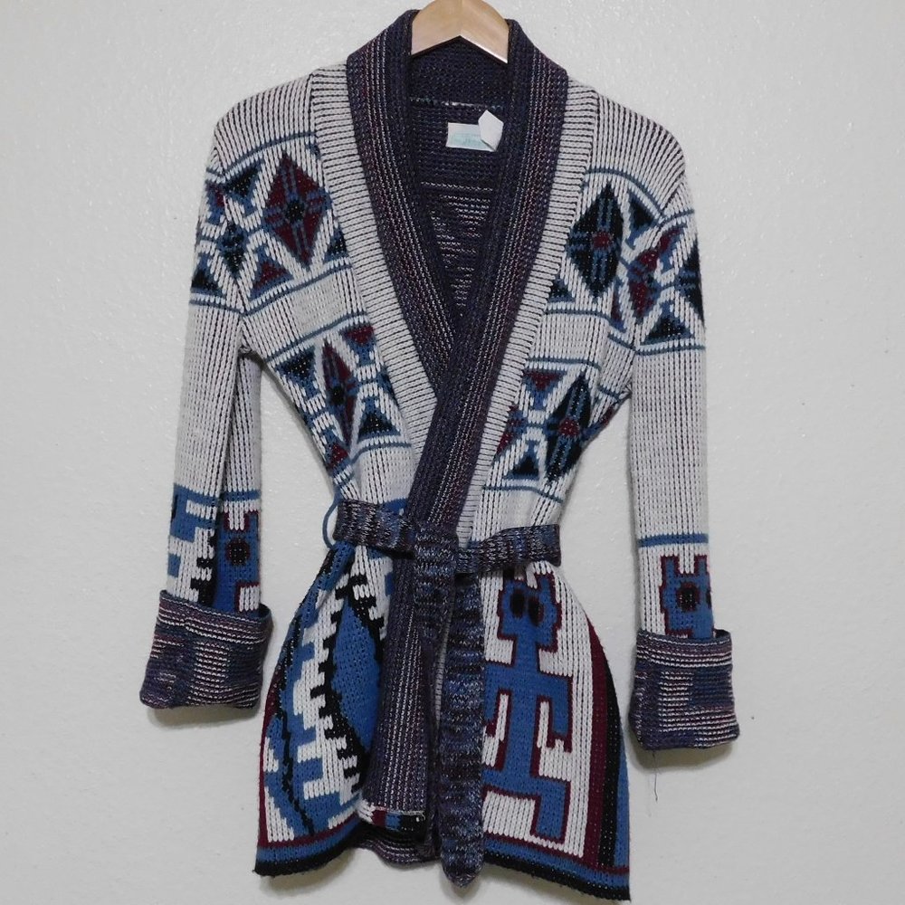 VINTAGE 70s Southwestern Cuffed Bell Sleeve Cardigan - Tie Waist - Sz S